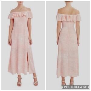 BCBG Paris Light Pink Printed Off the Shoulder Maxi Dress Small Ruffle Feminine